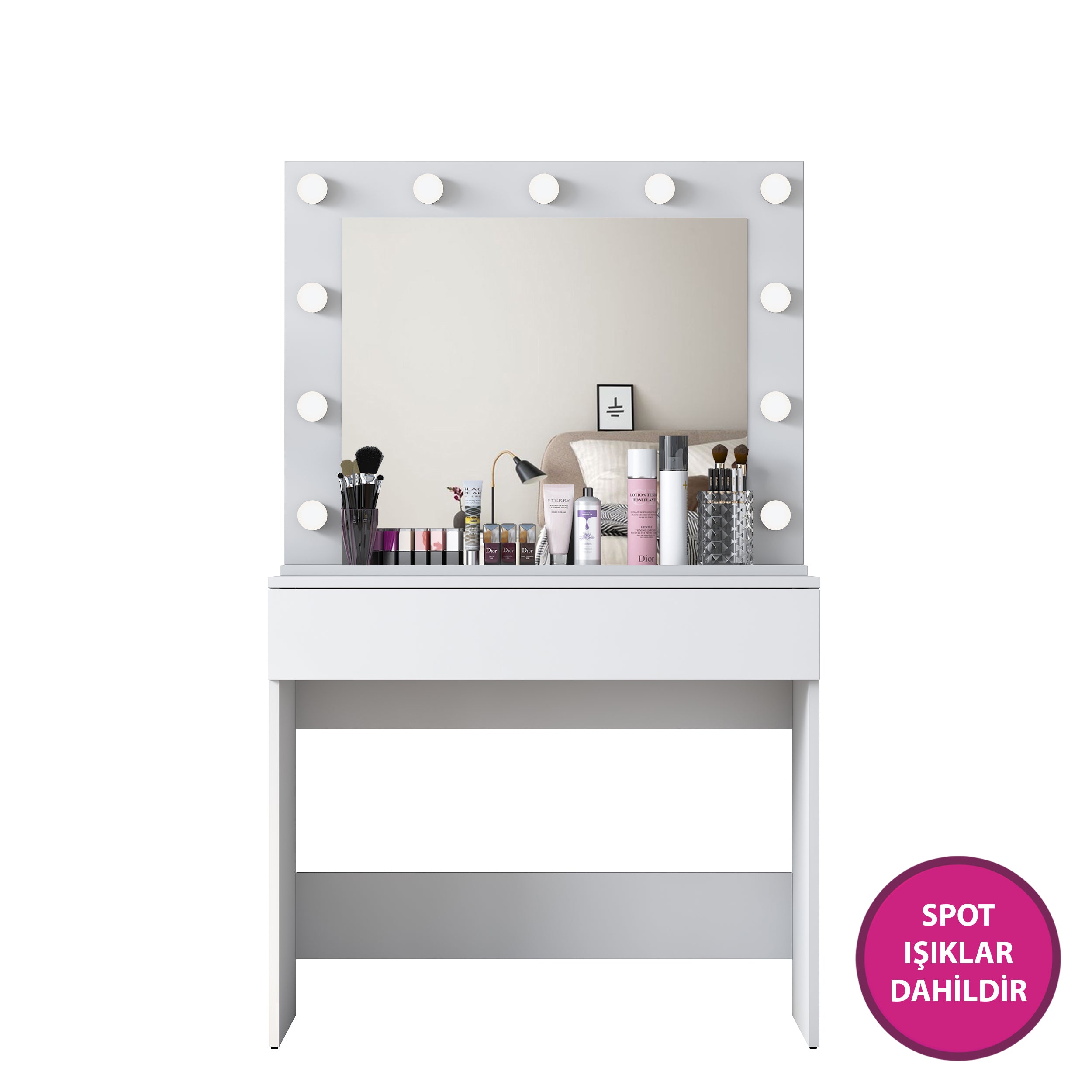 Rani BJ120 Hollywood Işıklı Aynalı Kulis Makyaj Masası Takı Düzenleyici Beyaz
