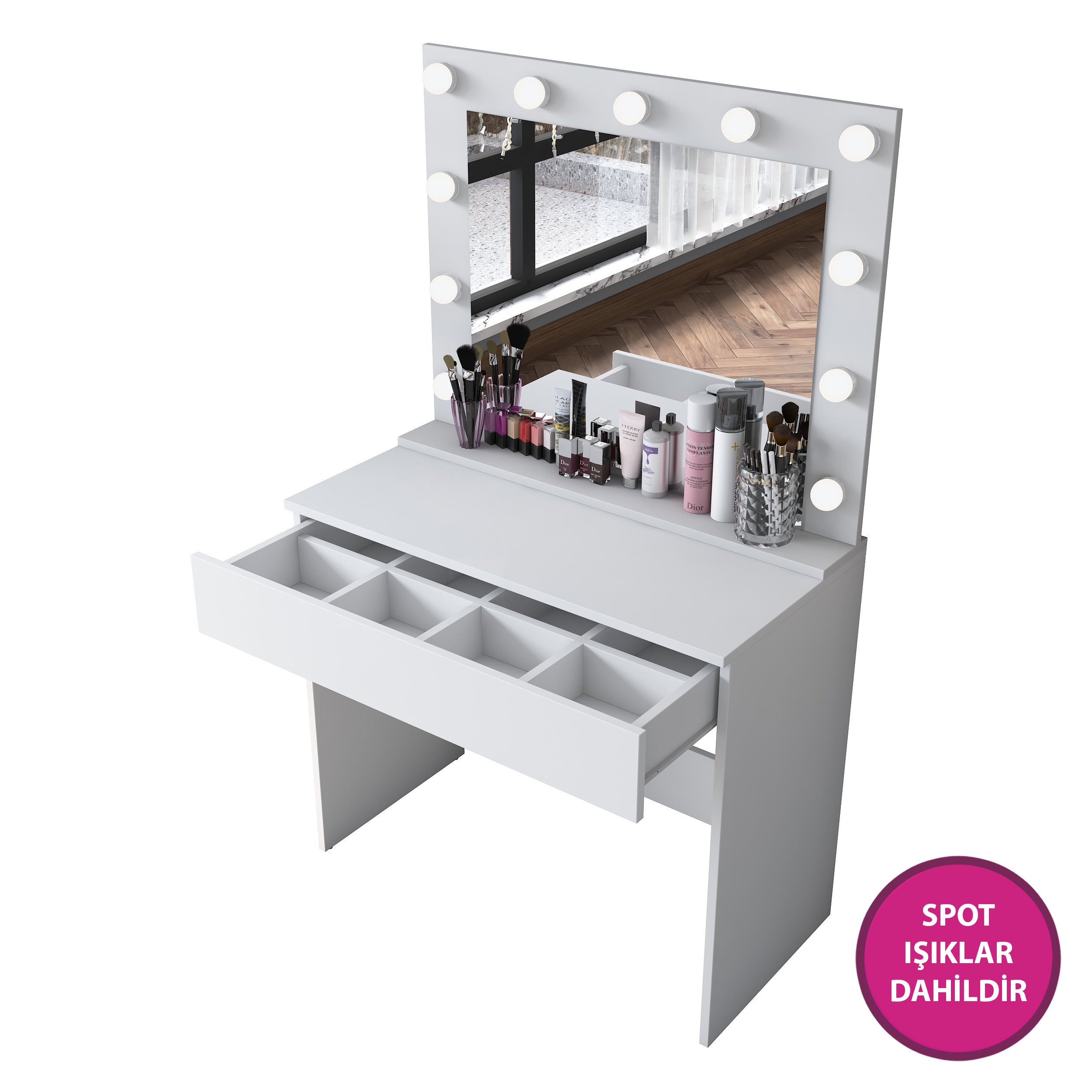 Rani BJ120 Hollywood Işıklı Aynalı Kulis Makyaj Masası Takı Düzenleyici Beyaz