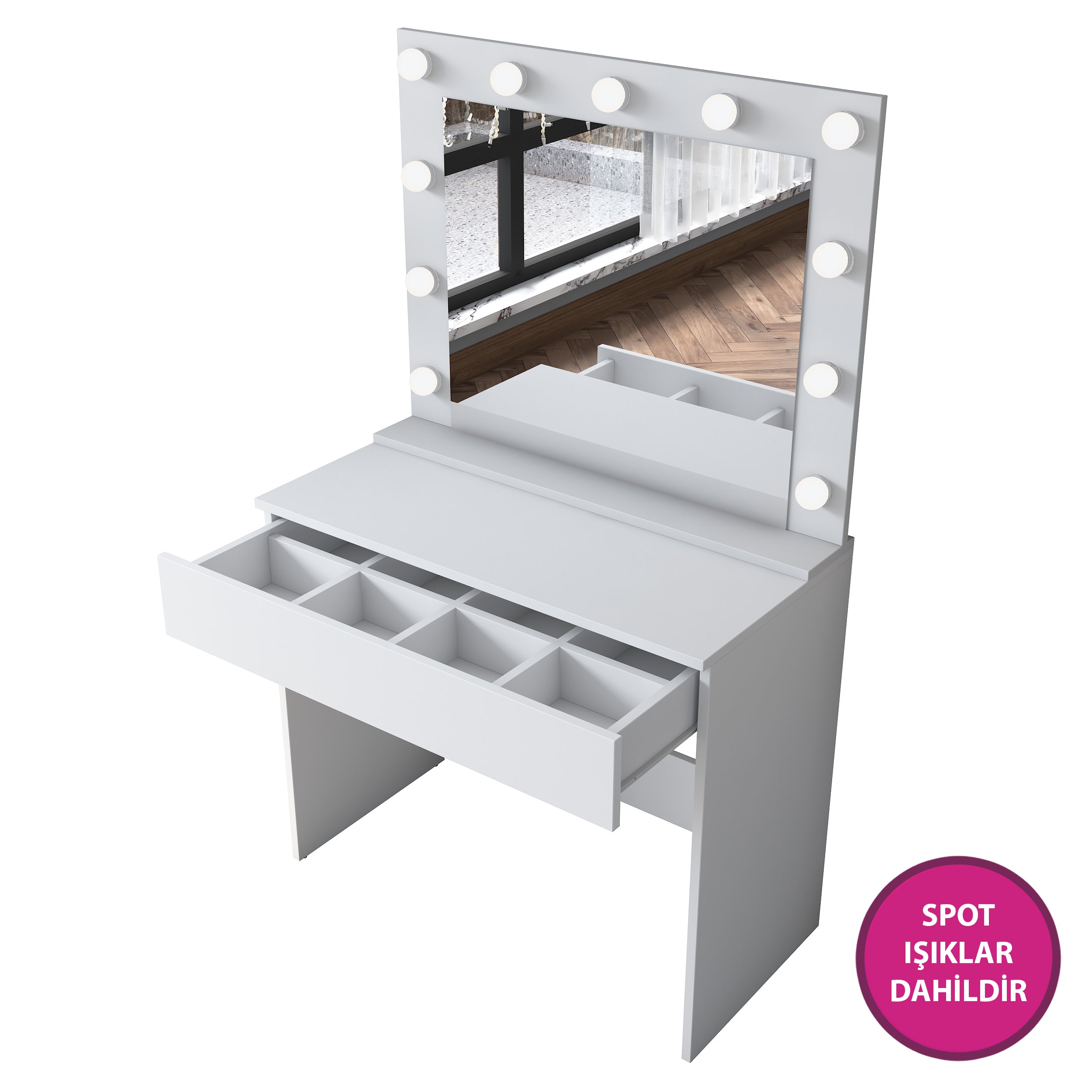 Rani BJ120 Hollywood Işıklı Aynalı Kulis Makyaj Masası Takı Düzenleyici Beyaz