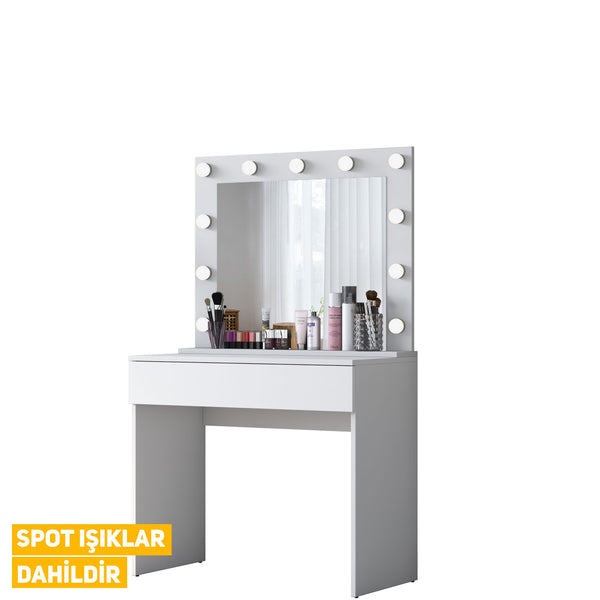 Rani BJ120 Hollywood Işıklı Aynalı Kulis Makyaj Masası Takı Düzenleyici Beyaz