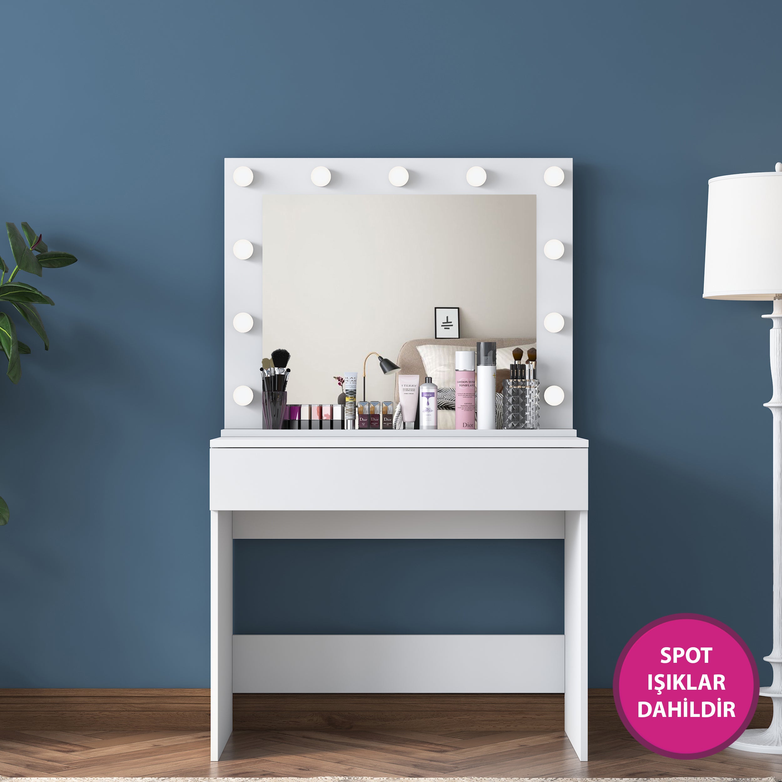 Rani BJ120 Hollywood Işıklı Aynalı Kulis Makyaj Masası Takı Düzenleyici Beyaz