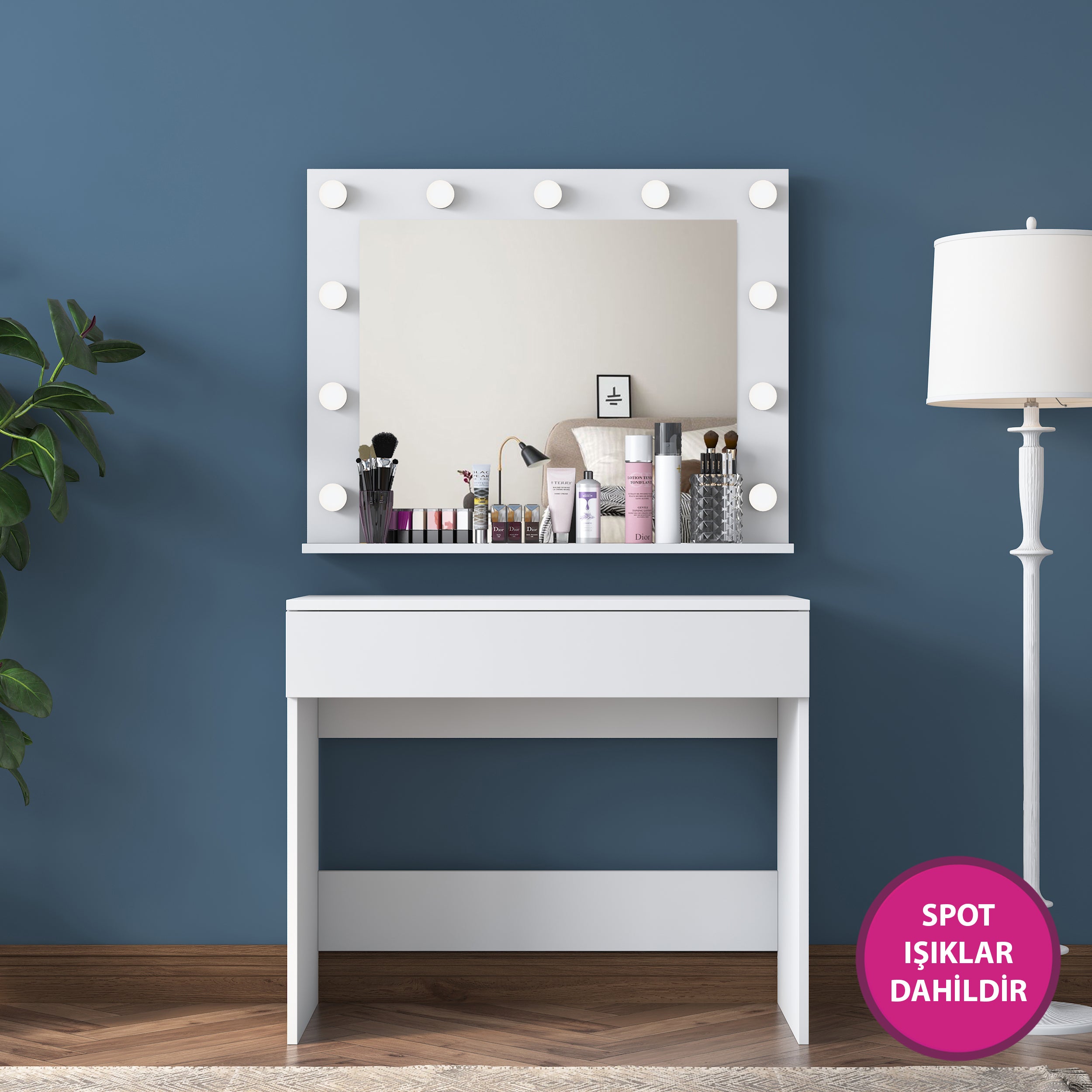 Rani BJ120 Hollywood Işıklı Aynalı Kulis Makyaj Masası Takı Düzenleyici Beyaz