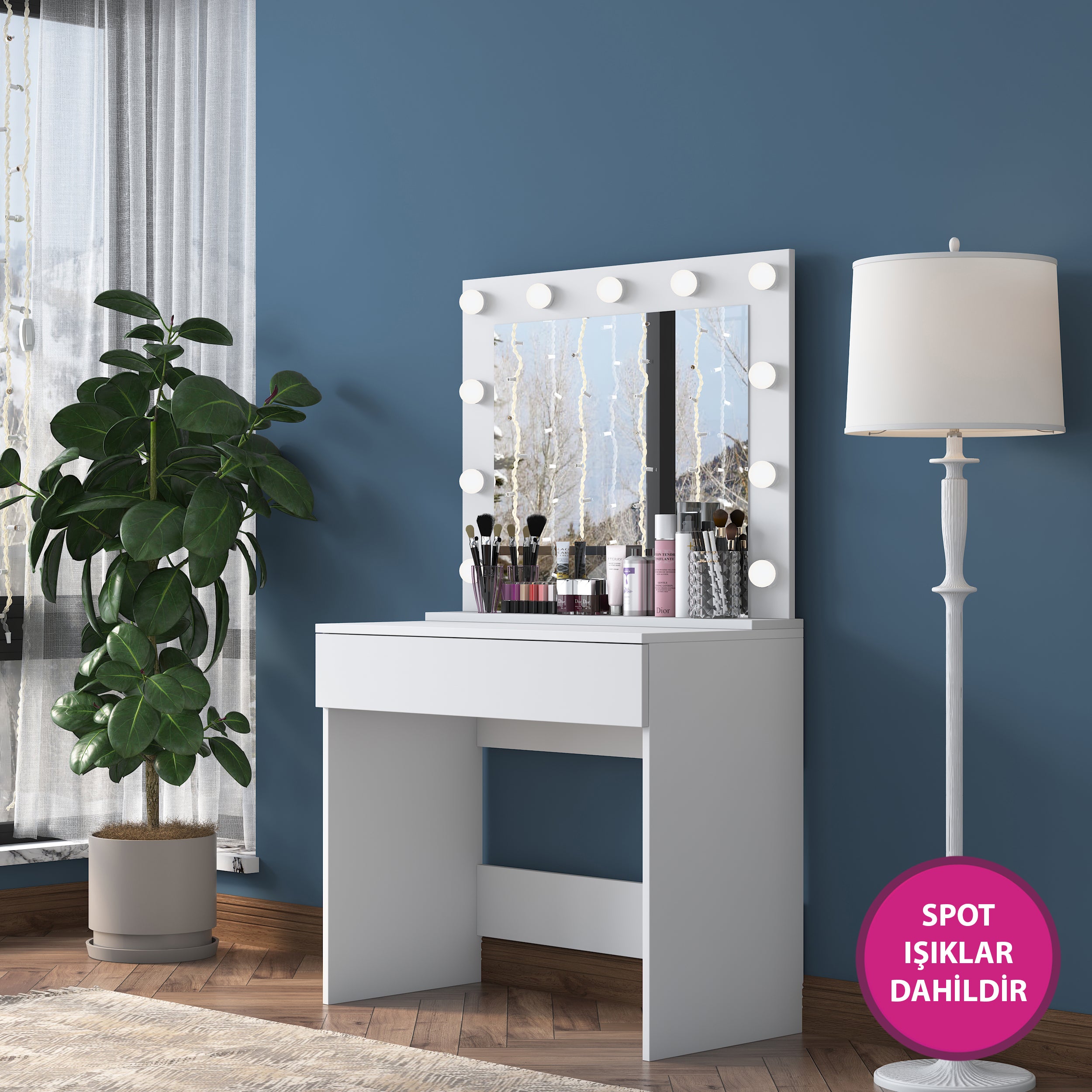 Rani BJ120 Hollywood Işıklı Aynalı Kulis Makyaj Masası Takı Düzenleyici Beyaz