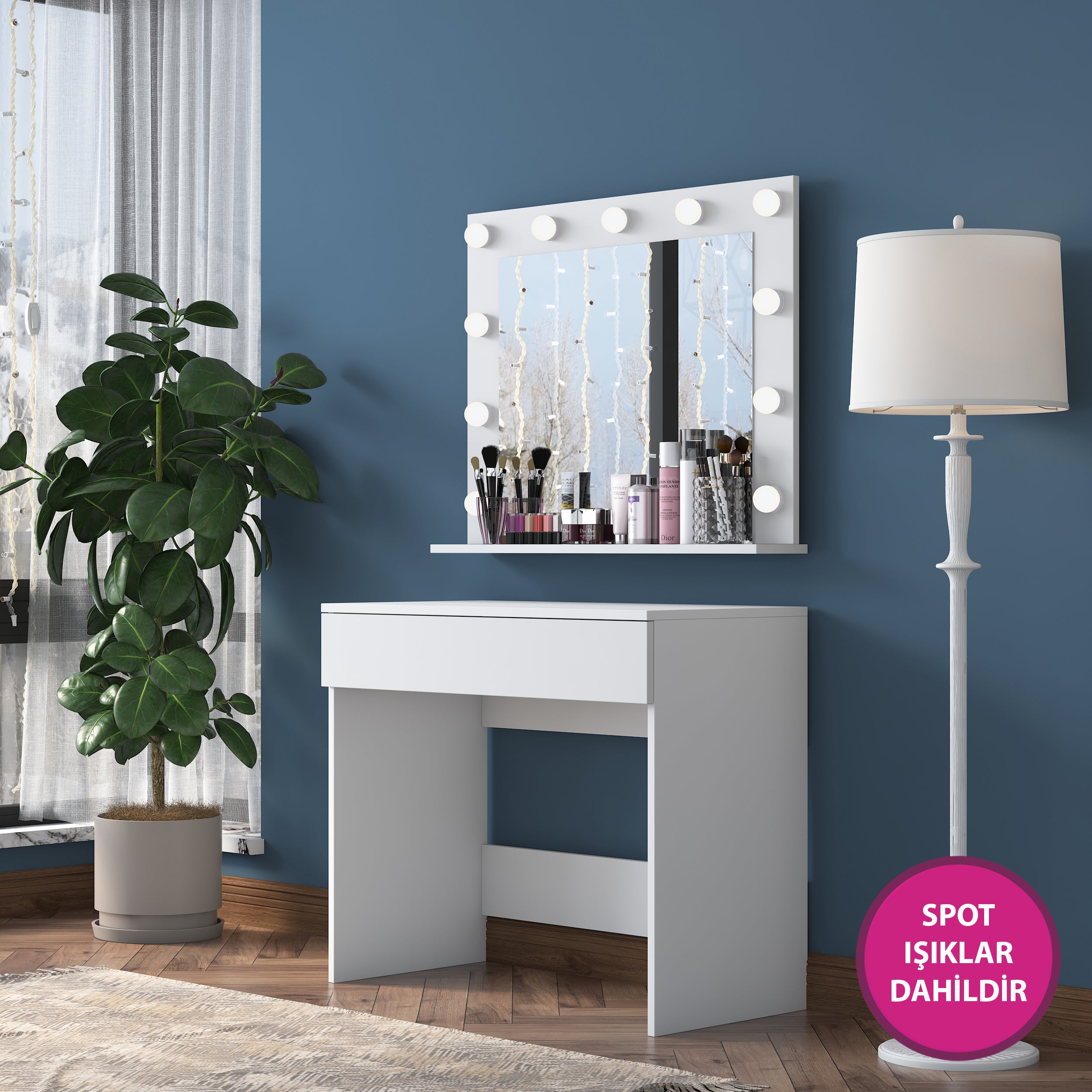 Rani BJ120 Hollywood Işıklı Aynalı Kulis Makyaj Masası Takı Düzenleyici Beyaz