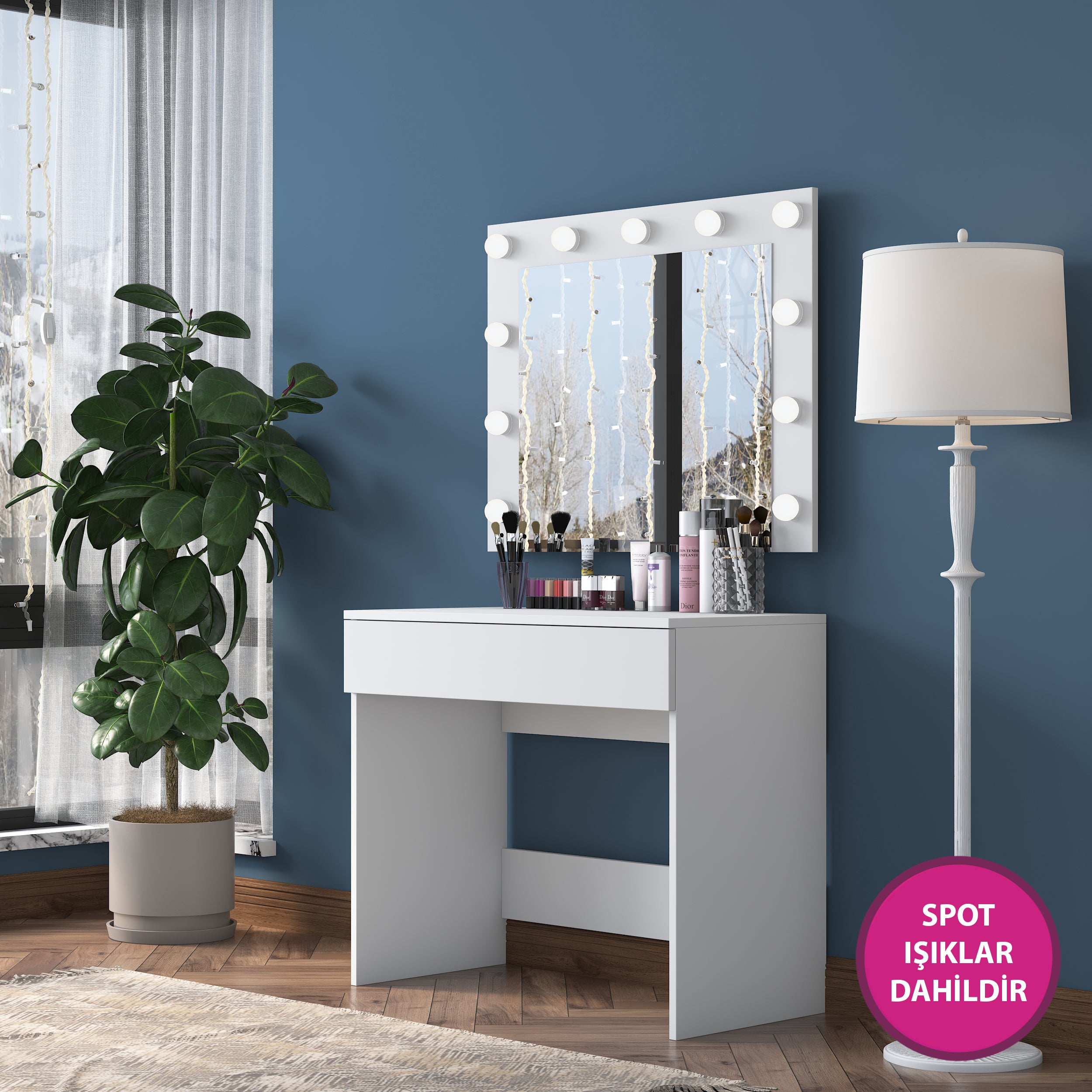 Rani BJ120 Hollywood Işıklı Aynalı Kulis Makyaj Masası Takı Düzenleyici Beyaz