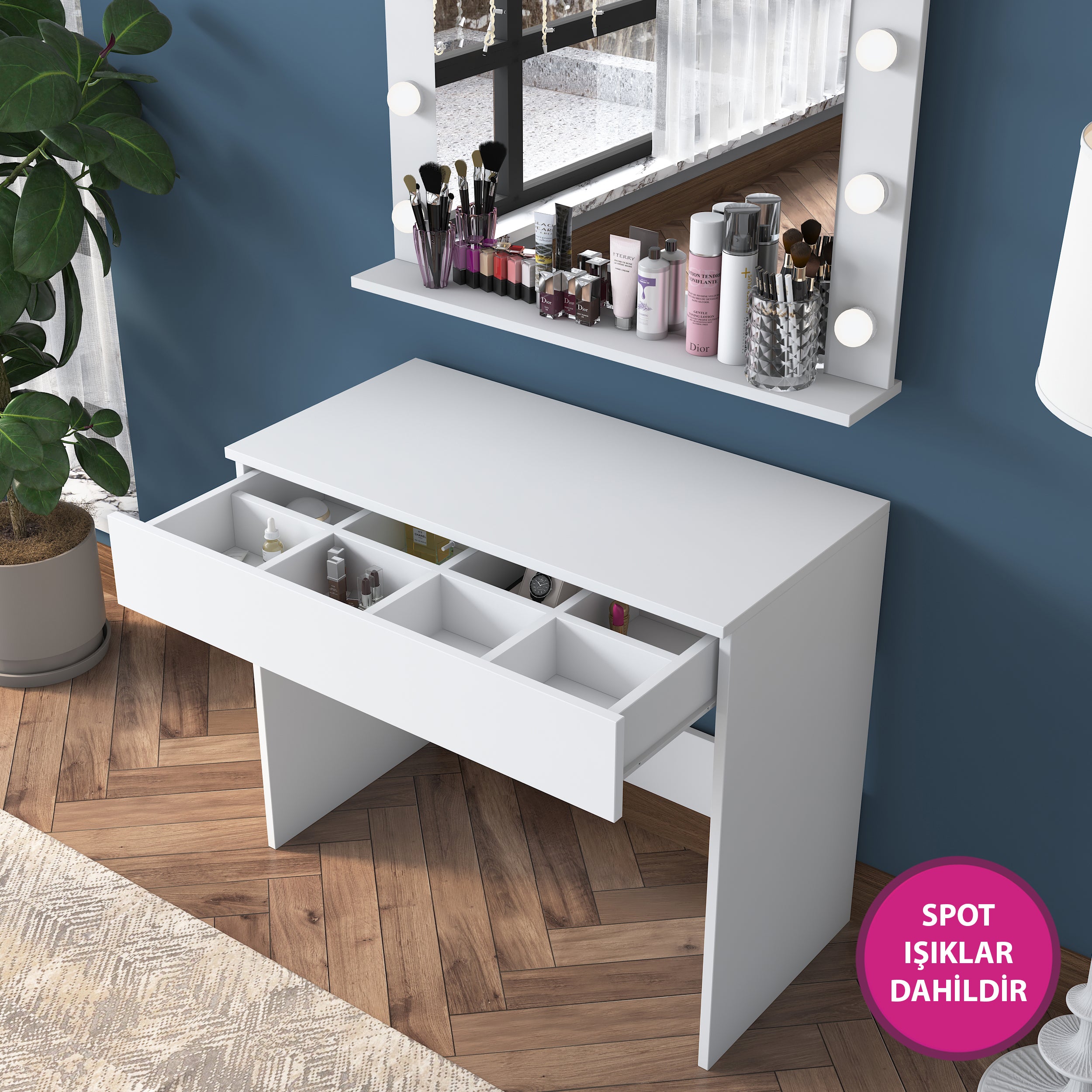 Rani BJ120 Hollywood Işıklı Aynalı Kulis Makyaj Masası Takı Düzenleyici Beyaz