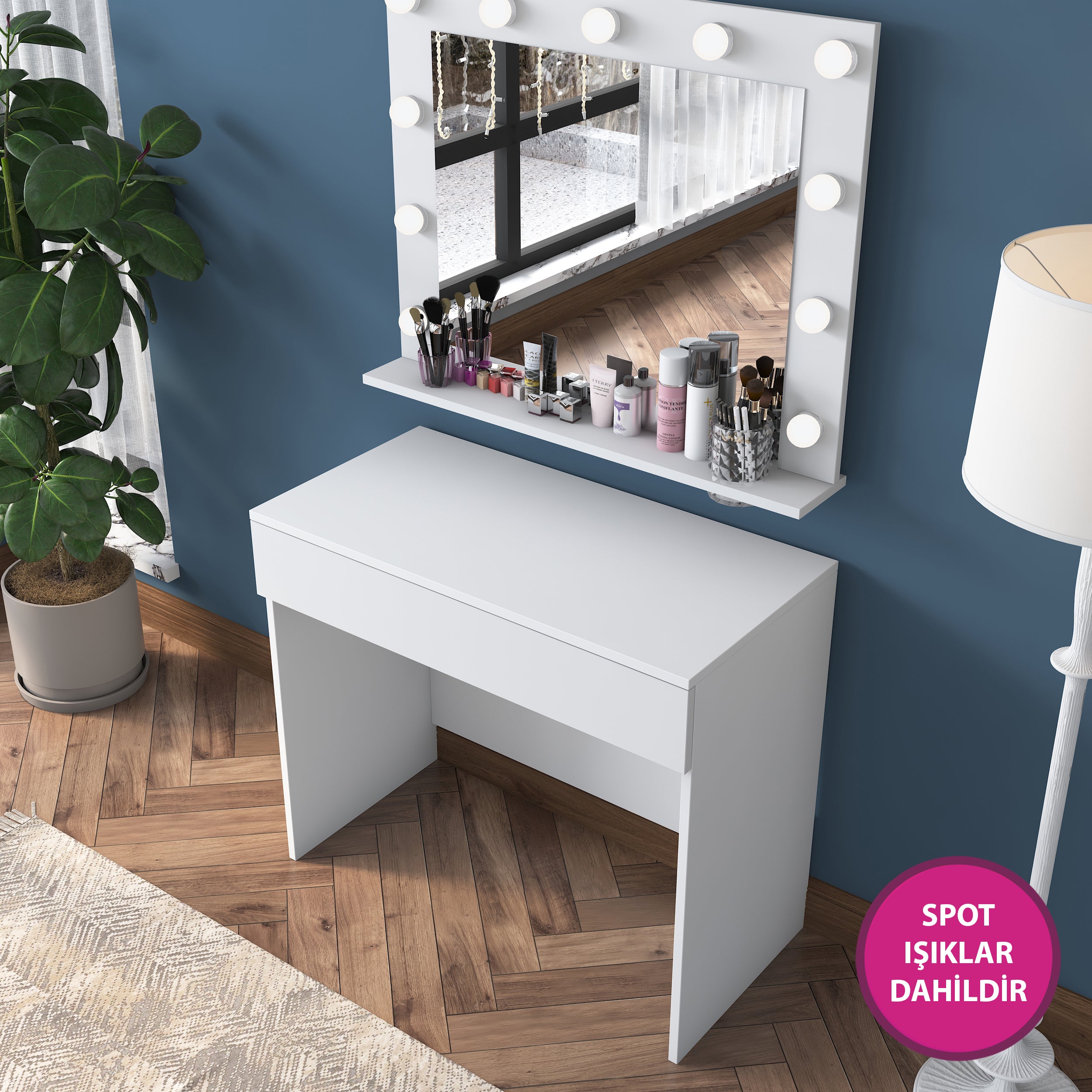 Rani BJ120 Hollywood Işıklı Aynalı Kulis Makyaj Masası Takı Düzenleyici Beyaz