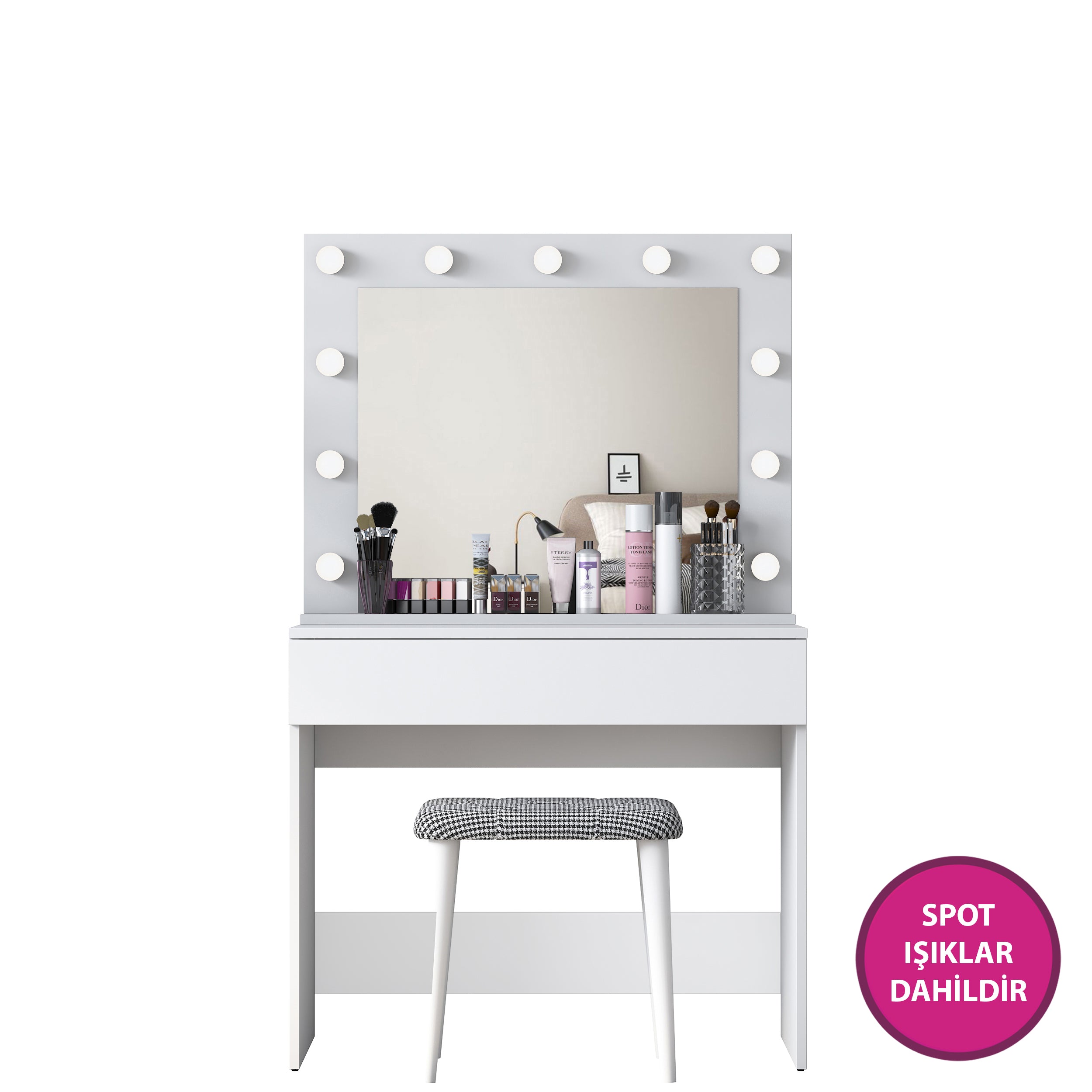 Rani BJ121 Hollywood Işıklı Aynalı Kulis Makyaj Masası Takı Düzenleyici + Tabure Takım Beyaz