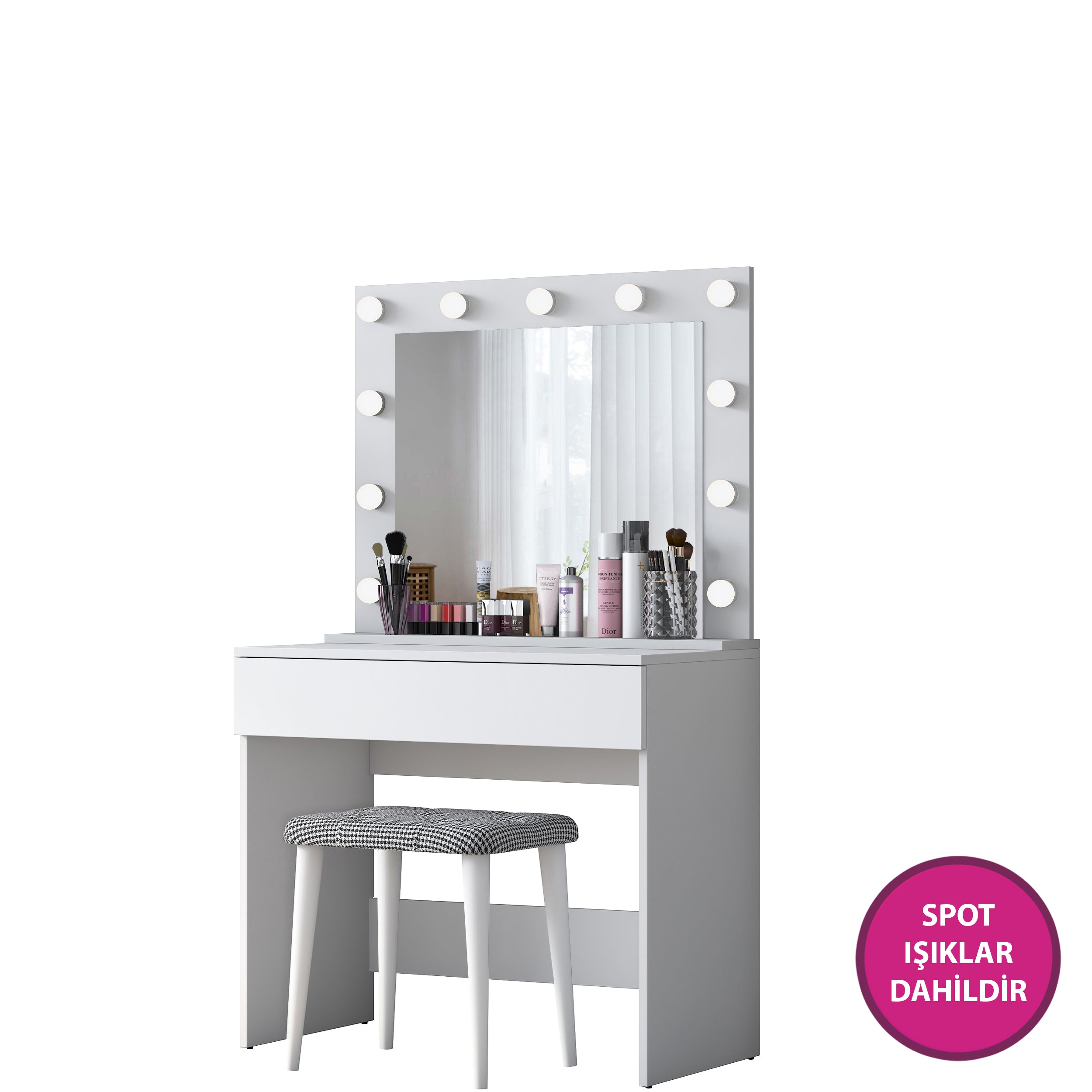 Rani BJ121 Hollywood Işıklı Aynalı Kulis Makyaj Masası Takı Düzenleyici + Tabure Takım Beyaz