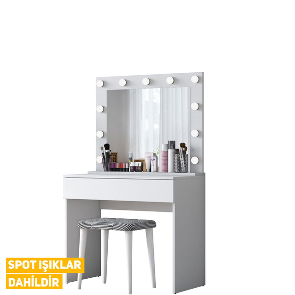 Rani BJ121 Hollywood Işıklı Aynalı Kulis Makyaj Masası Takı Düzenleyici + Tabure Takım Beyaz