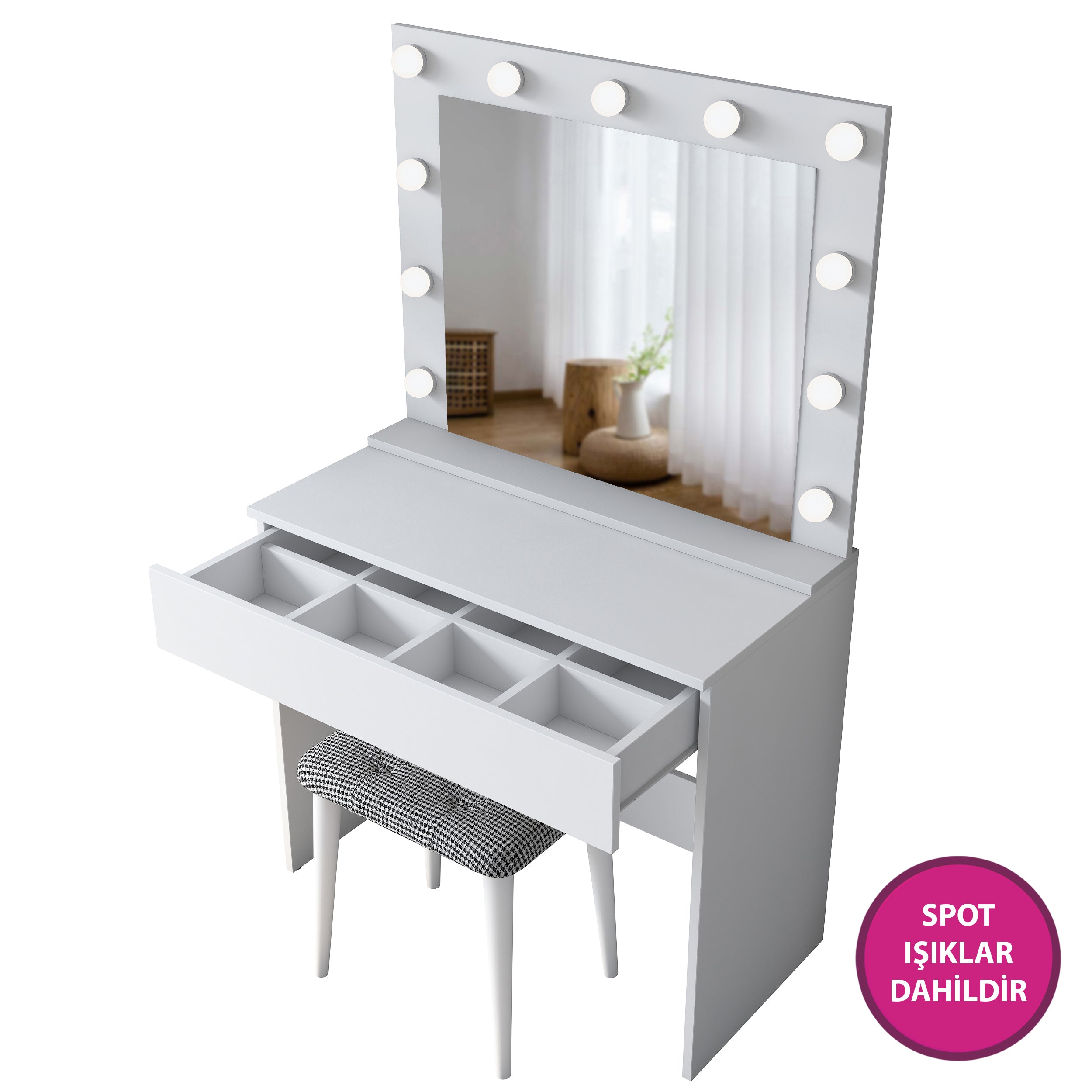Rani BJ121 Hollywood Işıklı Aynalı Kulis Makyaj Masası Takı Düzenleyici + Tabure Takım Beyaz