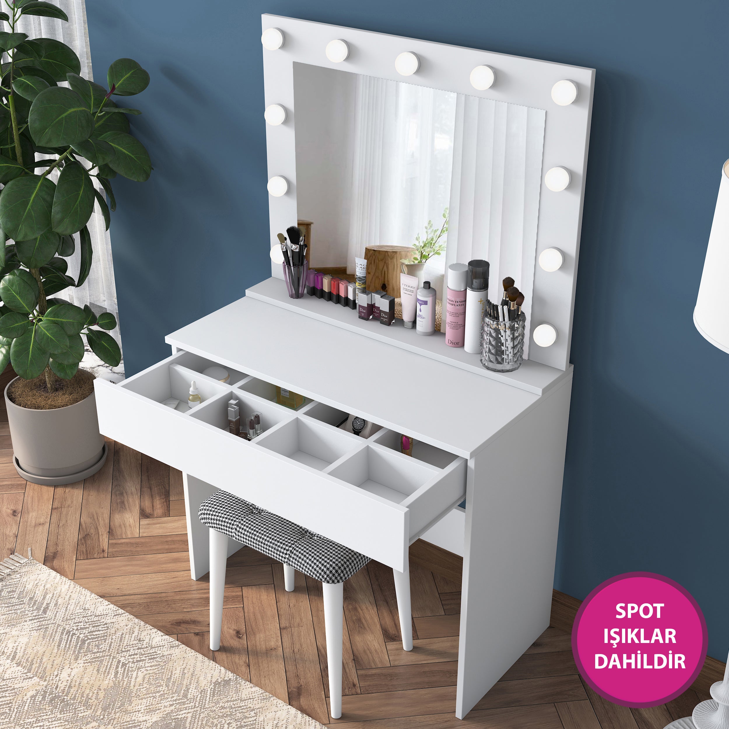 Rani BJ121 Hollywood Işıklı Aynalı Kulis Makyaj Masası Takı Düzenleyici + Tabure Takım Beyaz