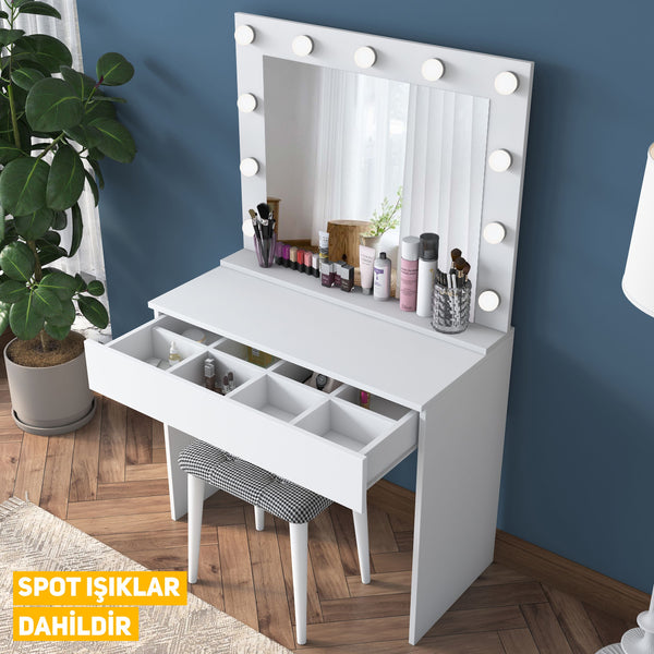 Rani BJ121 Hollywood Illuminated Mirror Backstage Makeup Table Jewelry Organizer + Stool Set White