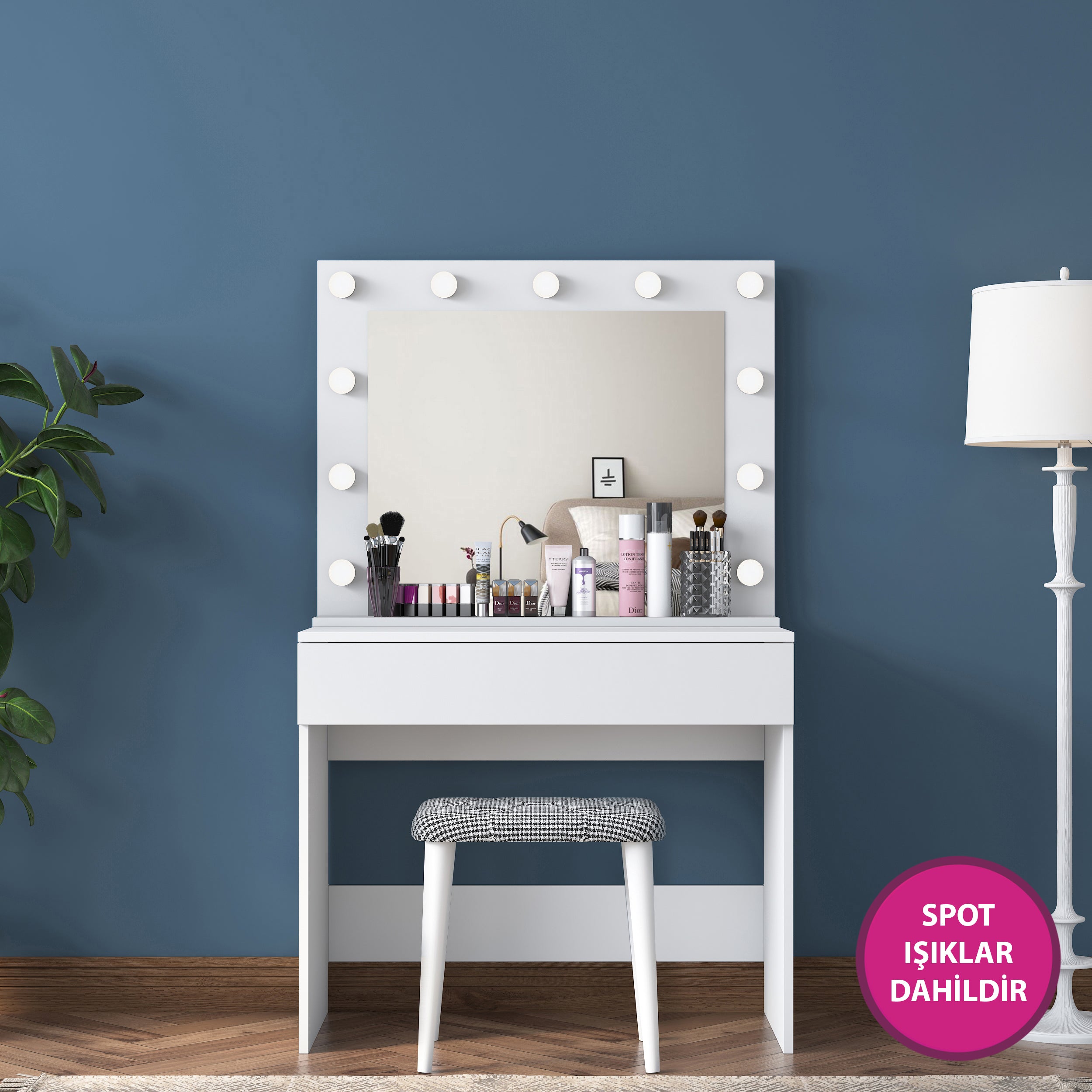 Rani BJ121 Hollywood Işıklı Aynalı Kulis Makyaj Masası Takı Düzenleyici + Tabure Takım Beyaz
