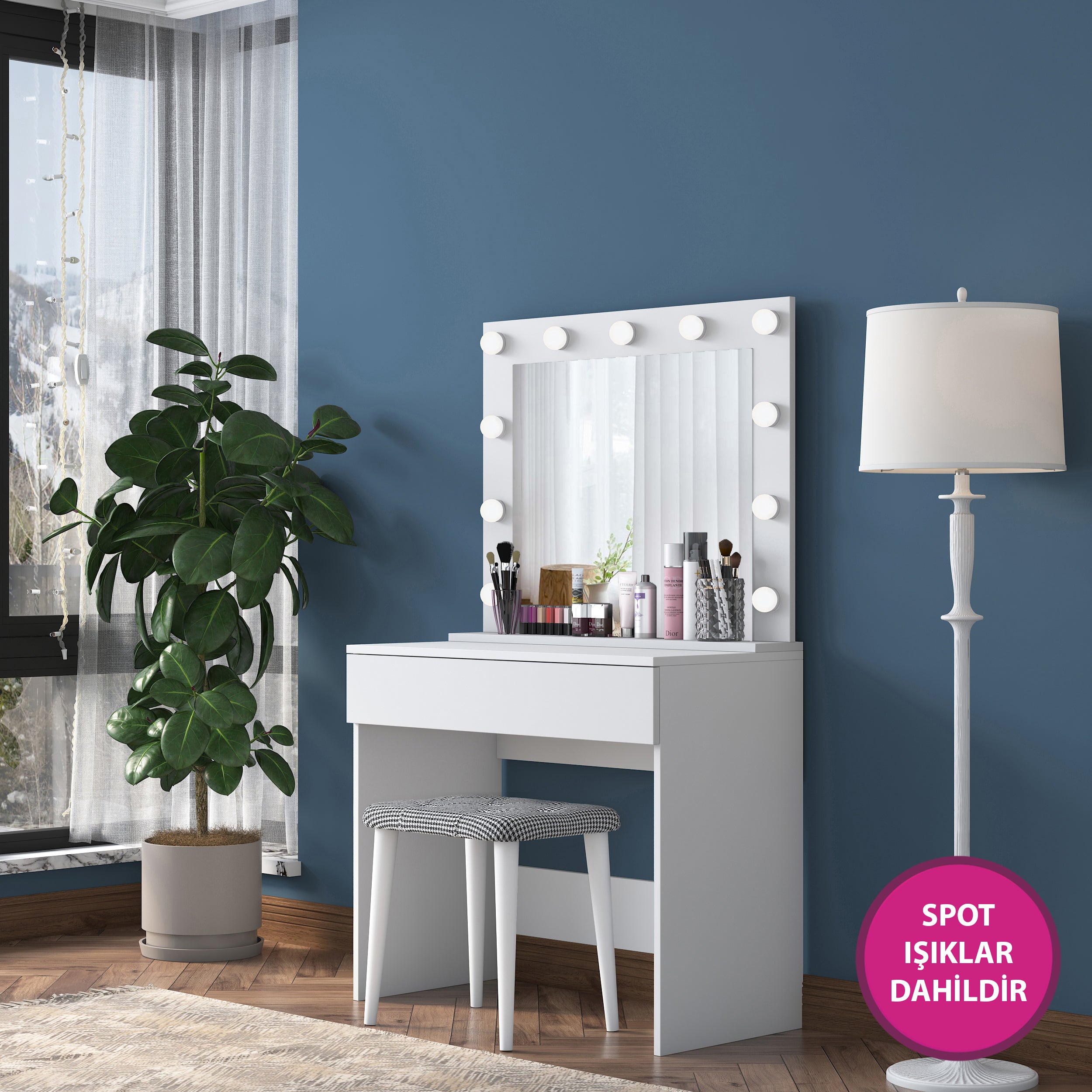 Rani BJ121 Hollywood Işıklı Aynalı Kulis Makyaj Masası Takı Düzenleyici + Tabure Takım Beyaz