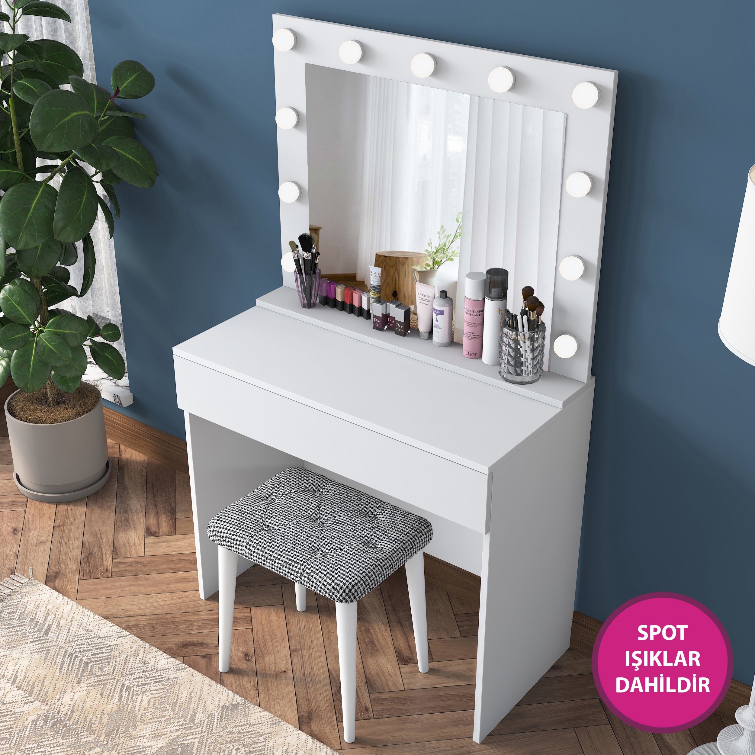Rani BJ121 Hollywood Işıklı Aynalı Kulis Makyaj Masası Takı Düzenleyici + Tabure Takım Beyaz
