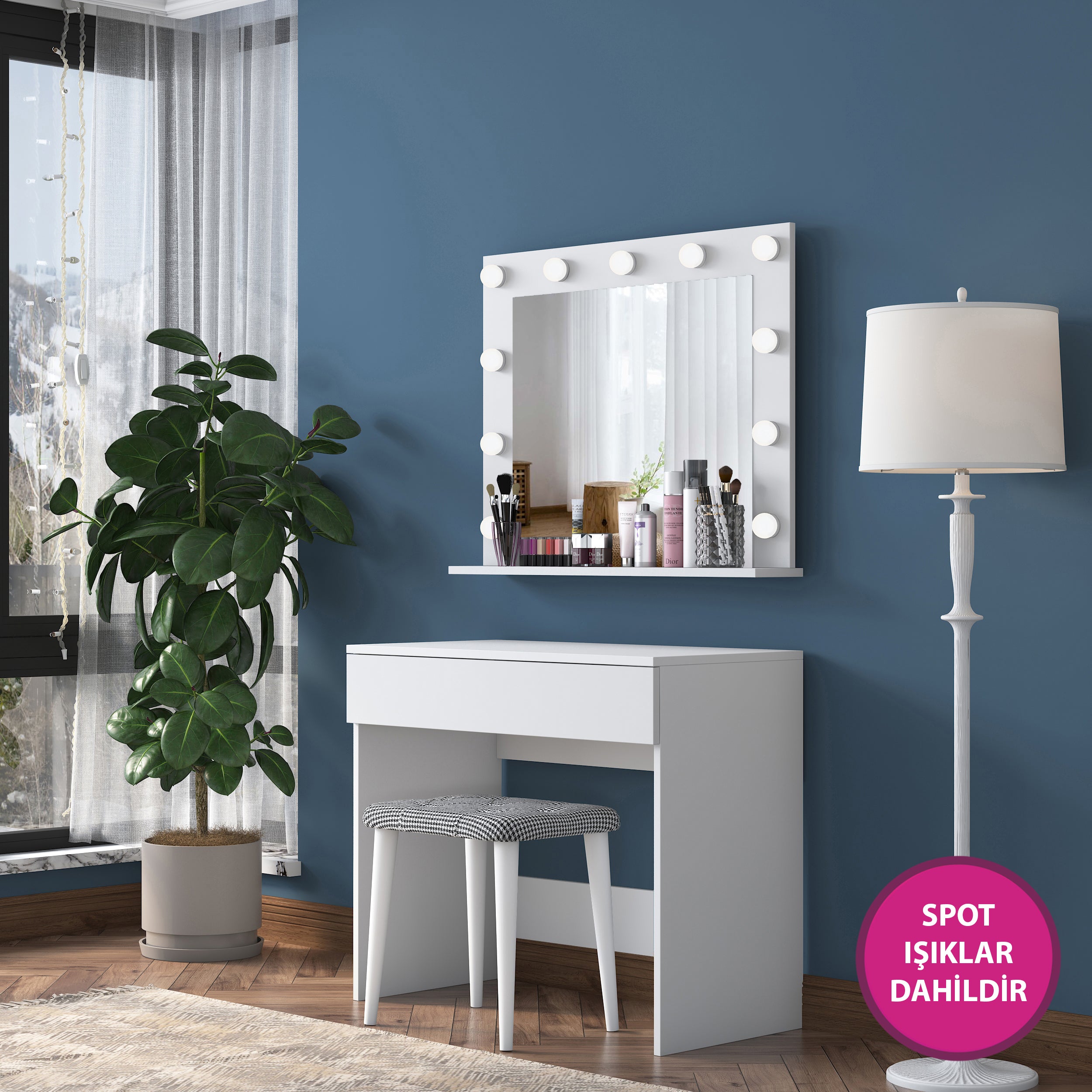 Rani BJ121 Hollywood Işıklı Aynalı Kulis Makyaj Masası Takı Düzenleyici + Tabure Takım Beyaz