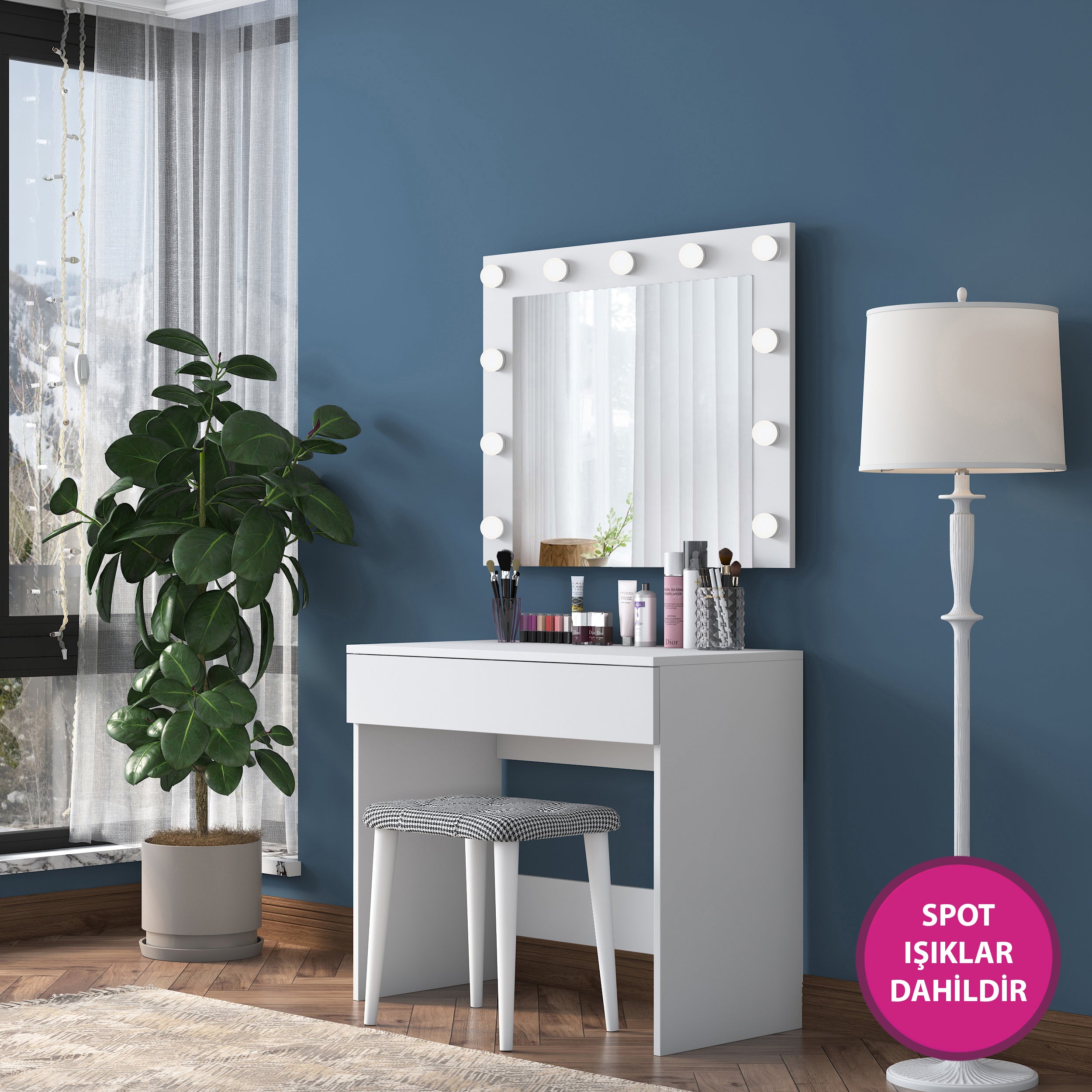 Rani BJ121 Hollywood Işıklı Aynalı Kulis Makyaj Masası Takı Düzenleyici + Tabure Takım Beyaz