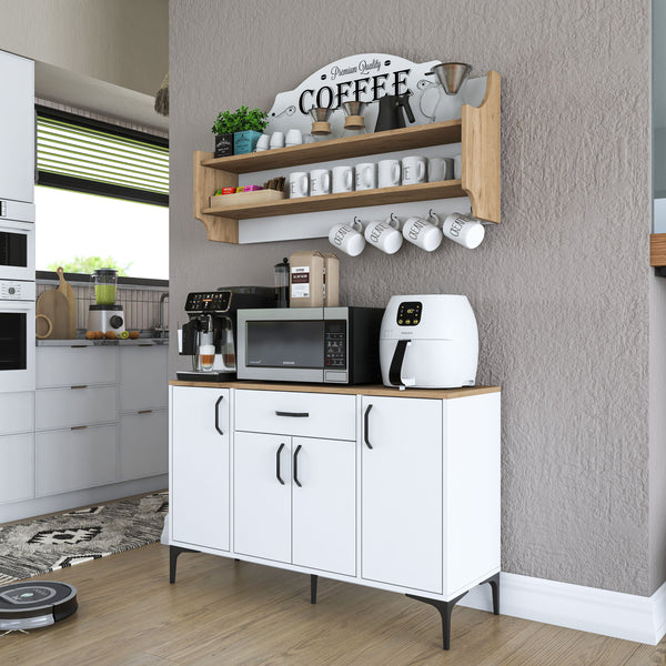 Rani JE138 Kahve Köşesi Çok Amaçlı Dolap 4 Kapaklı Mutfak Dolabı Beyaz - Sepet Ceviz