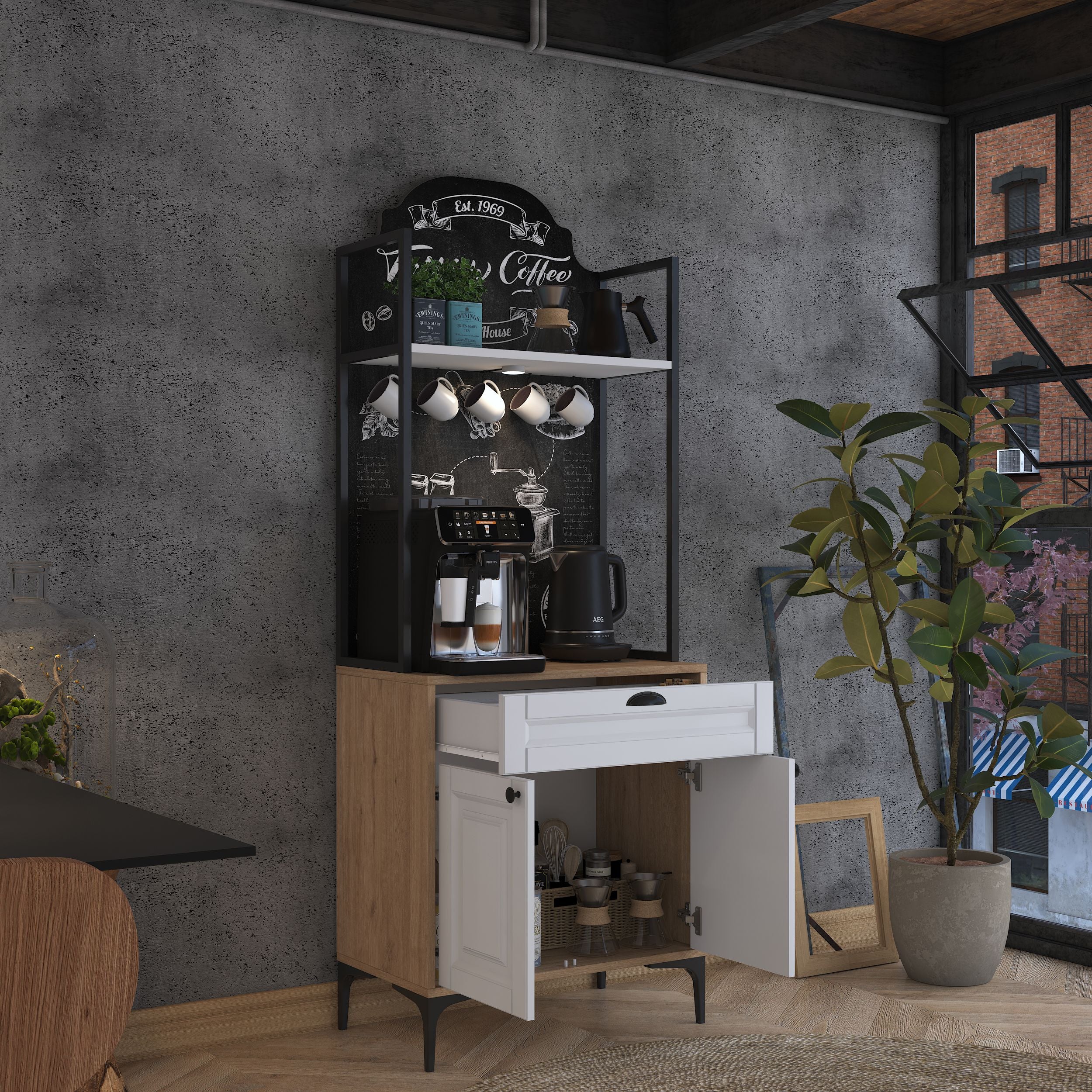 Rani JE158 Işıklı Kahve Köşesi Membran Kapaklı Çekmeceli Çok Amaçlı Mu