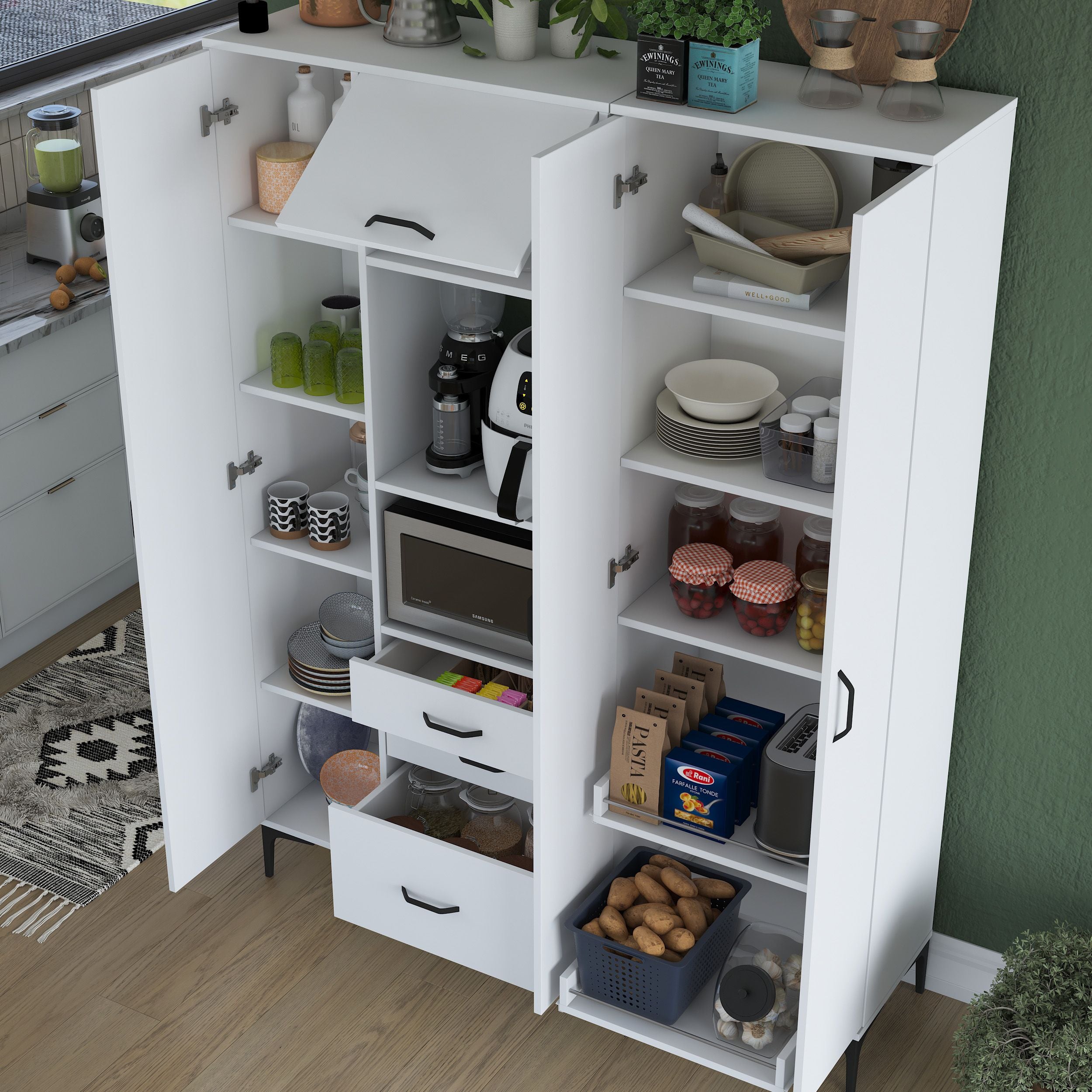 Rani JE131 Çok Amaçlı Dolap 4 Kapaklı 3 Çekmeceli Kiler Mutfak Dolabı