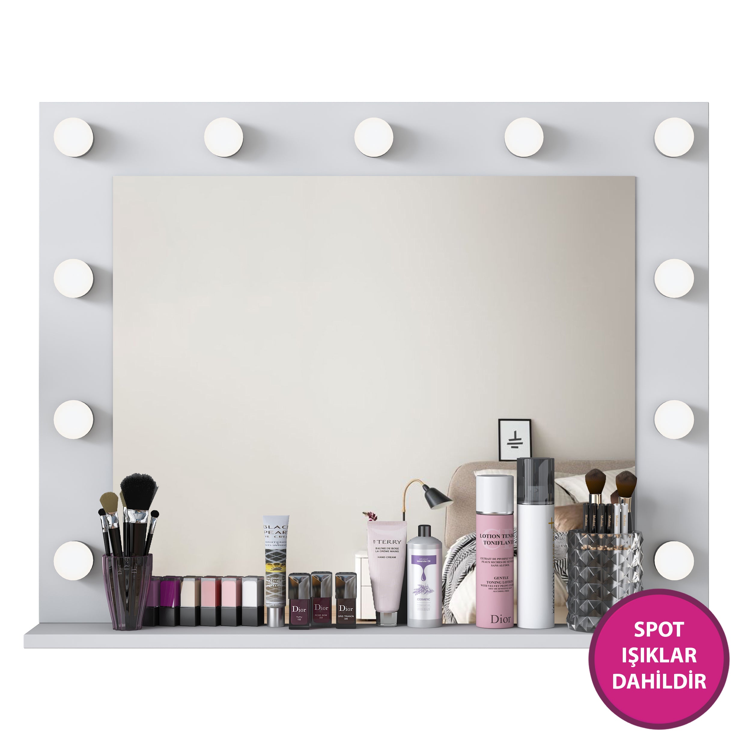 Rani EF108 Hollywood Işıklı Ayna Kulis Makyaj Aynası Spot Işıklar Dahil Ayna Beyaz