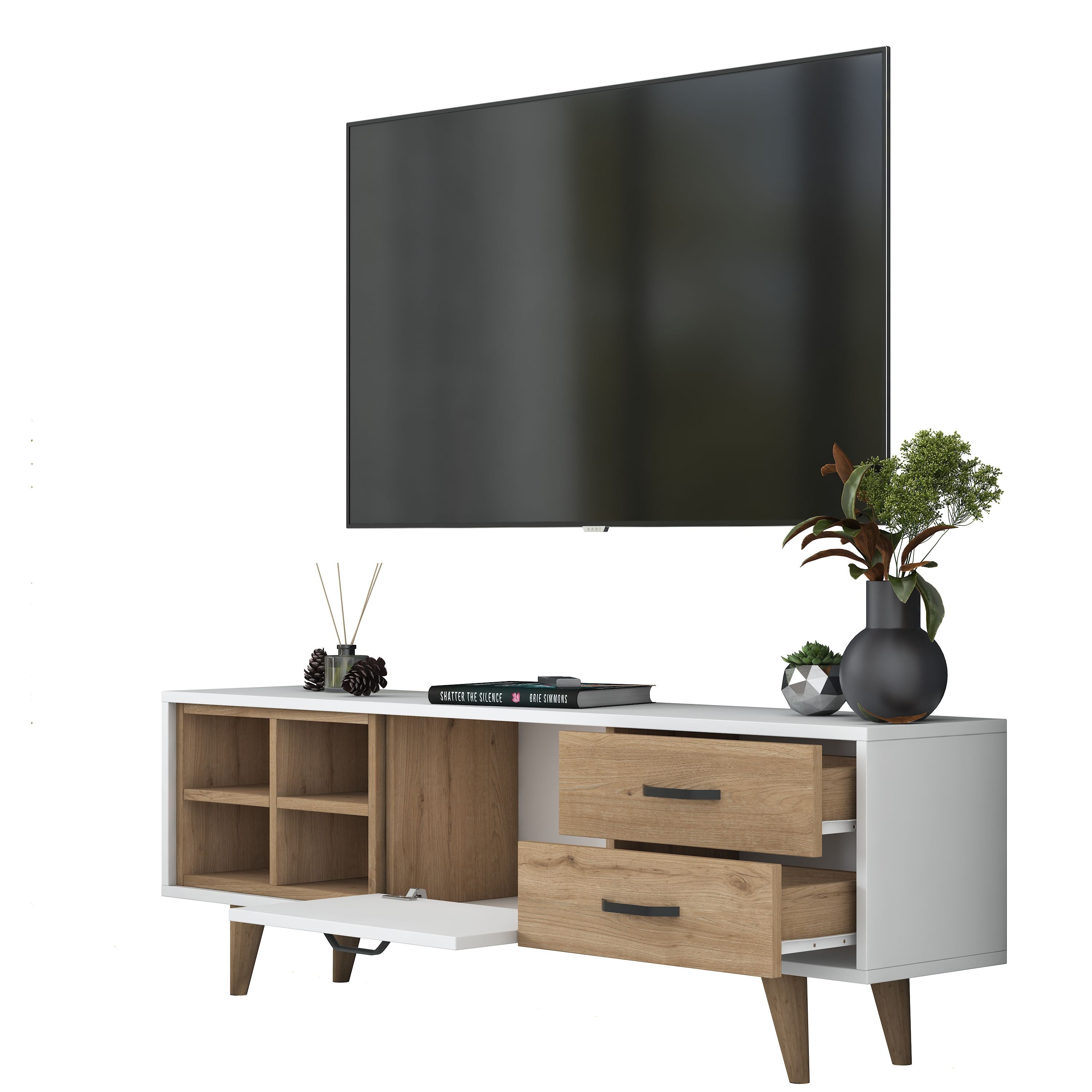 Rani AA133 Tv Ünitesi 2 Çekmeceli Açık Raflı 150 Cm Tv Sehpası Beyaz - Sepet Ceviz