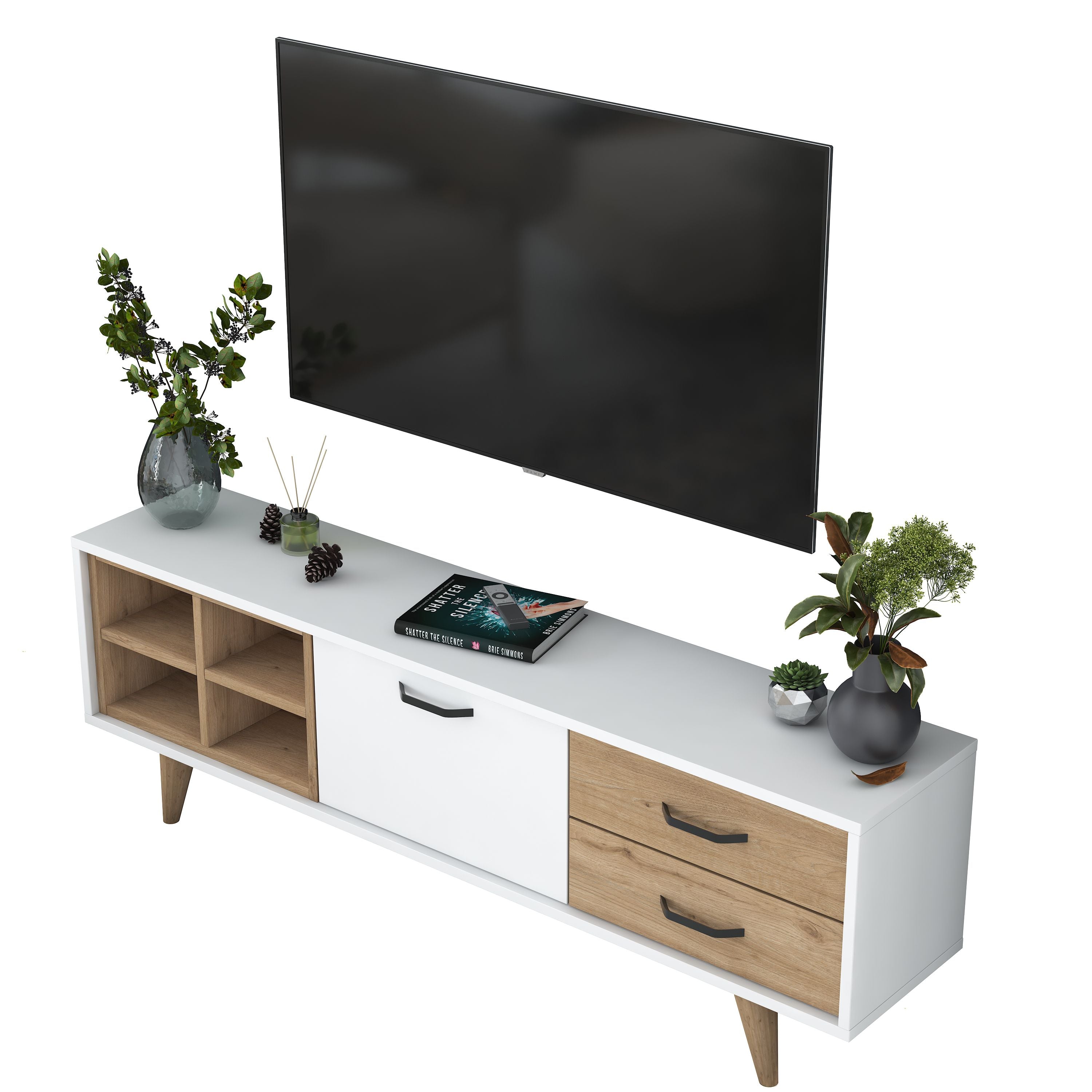Rani AA133 Tv Ünitesi 2 Çekmeceli Açık Raflı 150 Cm Tv Sehpası Beyaz - Sepet Ceviz
