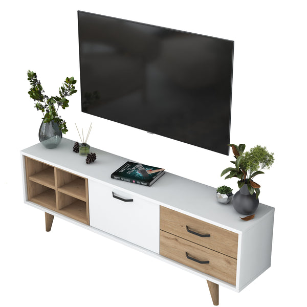 Rani AA133 Tv Ünitesi 2 Çekmeceli Açık Raflı 150 Cm Tv Sehpası Beyaz - Sepet Ceviz