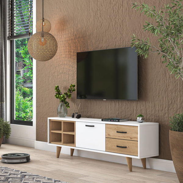 Rani AA133 Tv Ünitesi 2 Çekmeceli Açık Raflı 150 Cm Tv Sehpası Beyaz - Sepet Ceviz