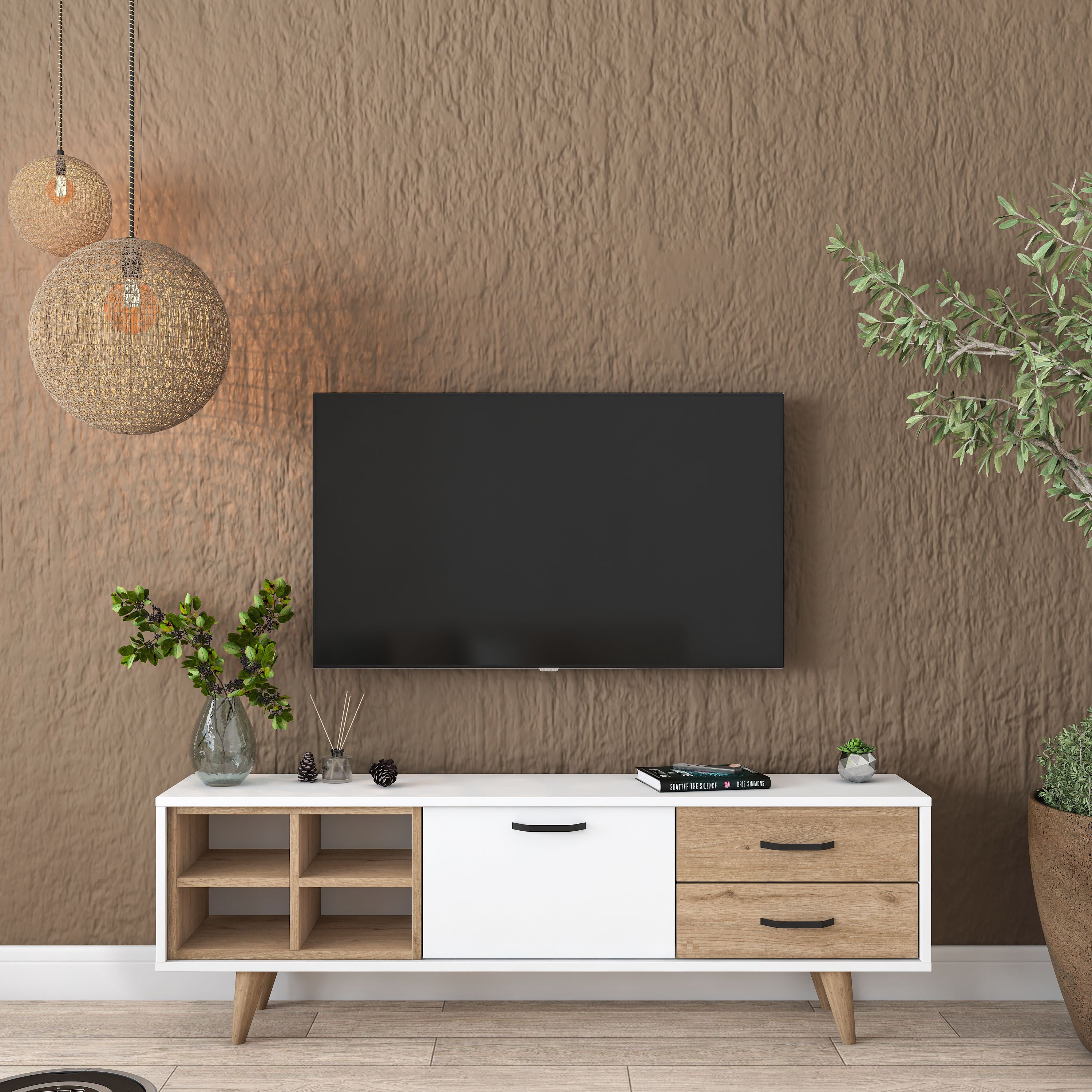 Rani AA133 Tv Ünitesi 2 Çekmeceli Açık Raflı 150 Cm Tv Sehpası Beyaz - Sepet Ceviz