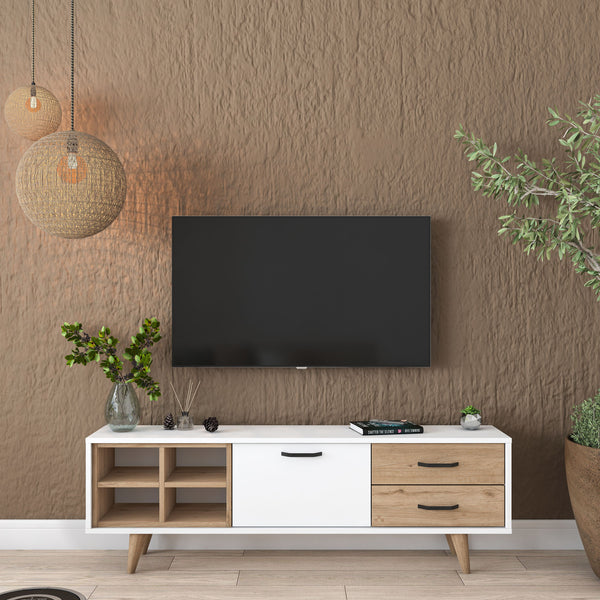 Rani AA133 Tv Ünitesi 2 Çekmeceli Açık Raflı 150 Cm Tv Sehpası Beyaz - Sepet Ceviz