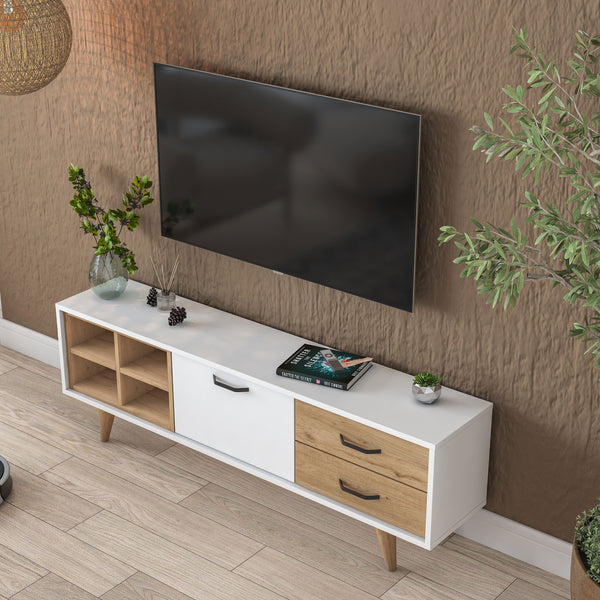 Rani AA133 Tv Ünitesi 2 Çekmeceli Açık Raflı 150 Cm Tv Sehpası Beyaz - Sepet Ceviz