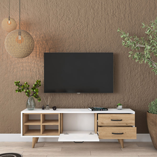 Rani AA133 Tv Ünitesi 2 Çekmeceli Açık Raflı 150 Cm Tv Sehpası Beyaz - Sepet Ceviz