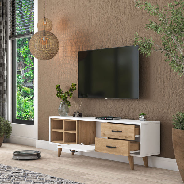 Rani AA133 Tv Ünitesi 2 Çekmeceli Açık Raflı 150 Cm Tv Sehpası Beyaz - Sepet Ceviz