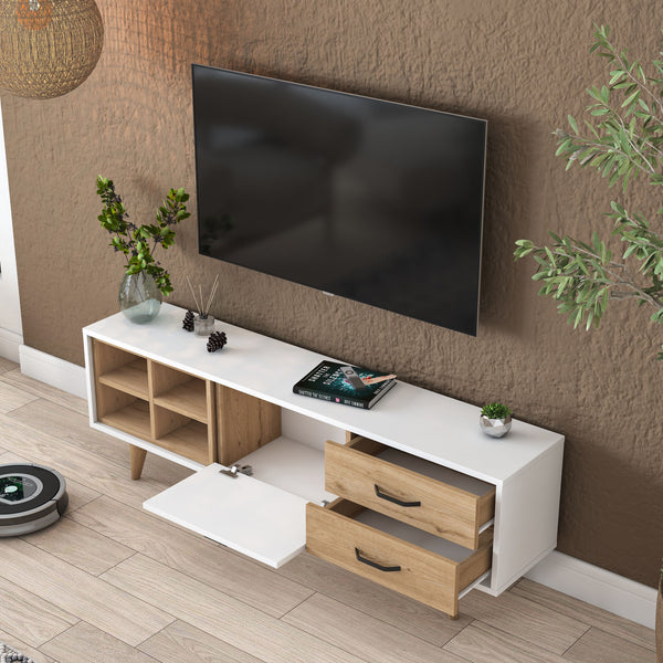 Rani AA133 Tv Ünitesi 2 Çekmeceli Açık Raflı 150 Cm Tv Sehpası Beyaz - Sepet Ceviz