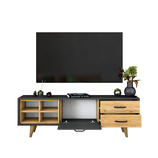 Rani AA133 Tv Ünitesi 2 Çekmeceli Açık Raflı 150 Cm Tv Sehpası Antrasit - Sepet Ceviz