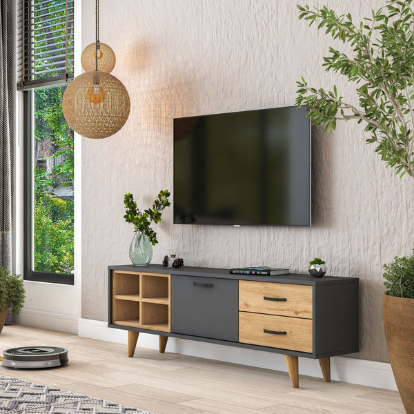 Rani AA133 Tv Ünitesi 2 Çekmeceli Açık Raflı 150 Cm Tv Sehpası Antrasit - Sepet Ceviz