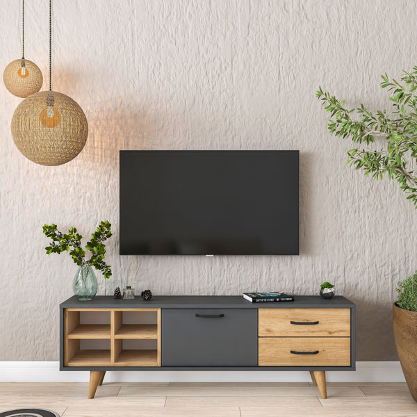 Rani AA133 Tv Ünitesi 2 Çekmeceli Açık Raflı 150 Cm Tv Sehpası Antrasit - Sepet Ceviz
