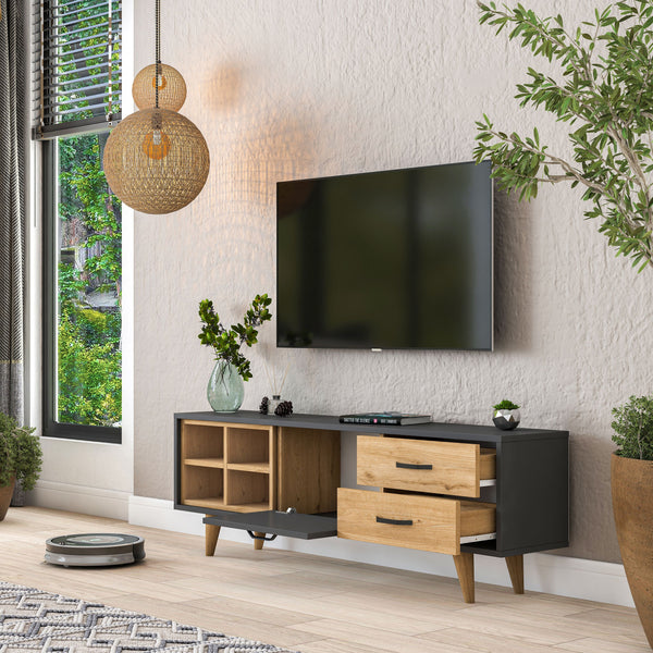 Rani AA133 Tv Ünitesi 2 Çekmeceli Açık Raflı 150 Cm Tv Sehpası Antrasit - Sepet Ceviz