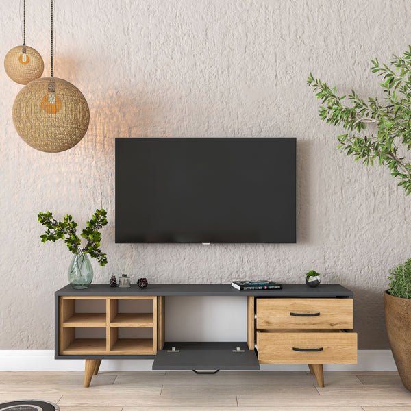 Rani AA133 Tv Ünitesi 2 Çekmeceli Açık Raflı 150 Cm Tv Sehpası Antrasit - Sepet Ceviz