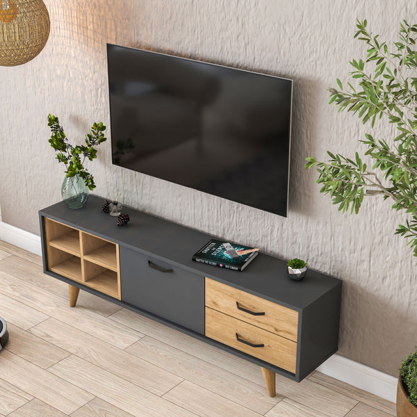 Rani AA133 Tv Ünitesi 2 Çekmeceli Açık Raflı 150 Cm Tv Sehpası Antrasit - Sepet Ceviz
