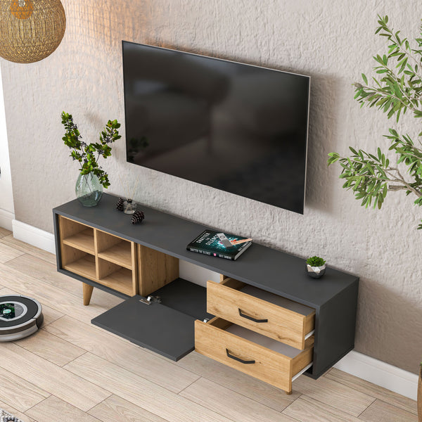 Rani AA133 Tv Ünitesi 2 Çekmeceli Açık Raflı 150 Cm Tv Sehpası Antrasit - Sepet Ceviz