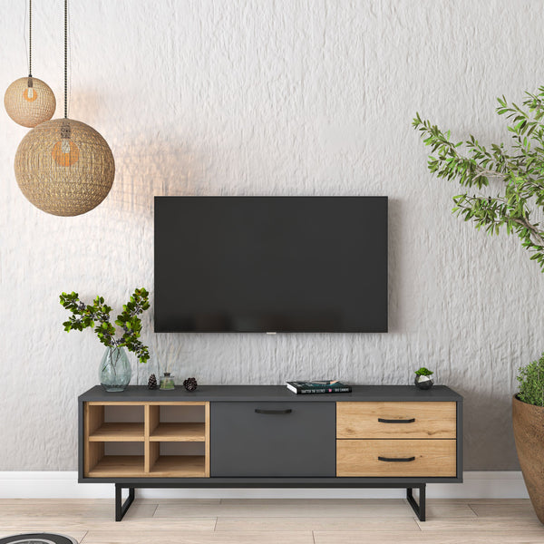 Rani AA134 Tv Ünitesi 2 Çekmeceli Açık Raflı 150 Cm Tv Sehpası Antrasit - Sepet Ceviz