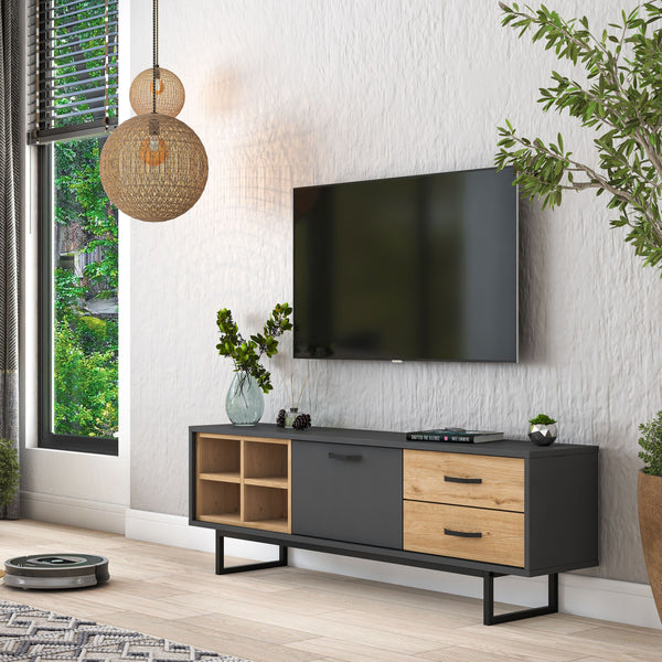 Rani AA134 Tv Ünitesi 2 Çekmeceli Açık Raflı 150 Cm Tv Sehpası Antrasit - Sepet Ceviz
