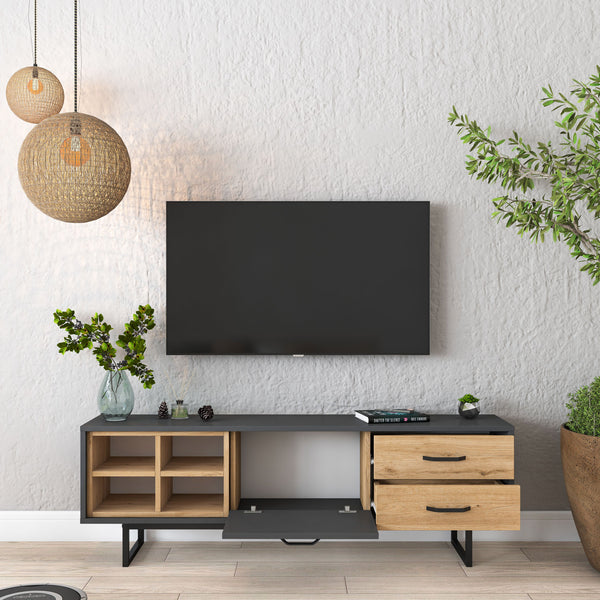 Rani AA134 Tv Ünitesi 2 Çekmeceli Açık Raflı 150 Cm Tv Sehpası Antrasit - Sepet Ceviz