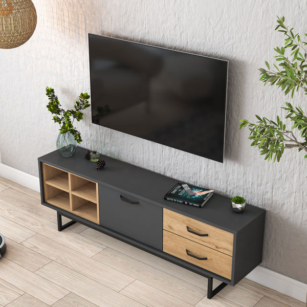 Rani AA134 Tv Ünitesi 2 Çekmeceli Açık Raflı 150 Cm Tv Sehpası Antrasit - Sepet Ceviz