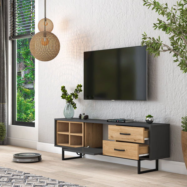Rani AA134 Tv Ünitesi 2 Çekmeceli Açık Raflı 150 Cm Tv Sehpası Antrasit - Sepet Ceviz