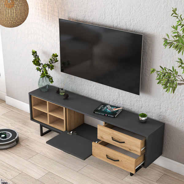 Rani AA134 Tv Ünitesi 2 Çekmeceli Açık Raflı 150 Cm Tv Sehpası Antrasit - Sepet Ceviz
