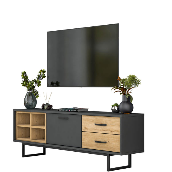 Rani AA134 Tv Ünitesi 2 Çekmeceli Açık Raflı 150 Cm Tv Sehpası Antrasit - Sepet Ceviz